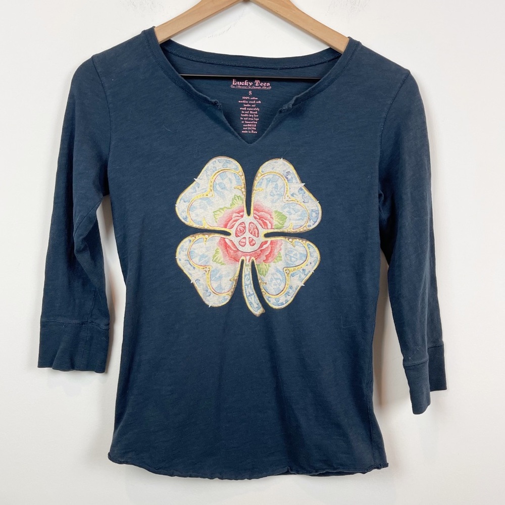 Lucky Brand Navy Clover & Peace Sign T Shirt